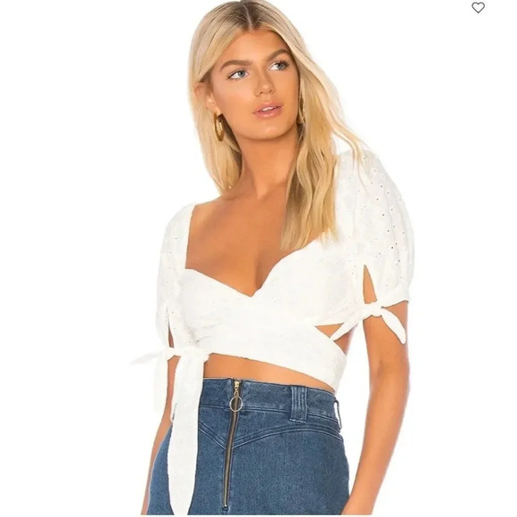 For Love & Lemons Charlotte Eyelet Wrap Top in White Heart - Picture 8 of 11